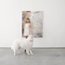 bernd haussmann as the rain is falling series painting with girl with dog standing in front of it. 