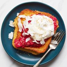 Coconut-Cardamom French Toast With Raspberry-Rhubarb Compote 