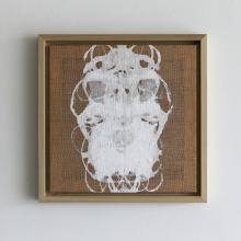 white abstract paint on burlap in a wood frame